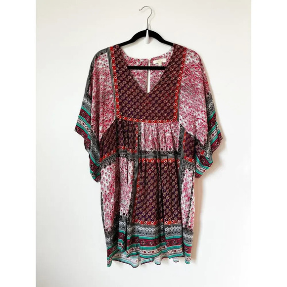 Dani Collection Patchwork Boho Tunic Blouse Small Cottagecore Floral Deep V Neck - Picture 1 of 10